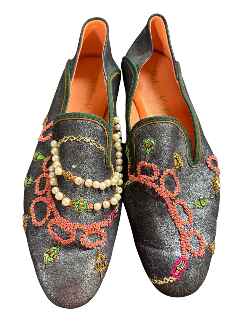 Meher Kakalia Women's Embellished Embroidery Navy Slip-On Loafers Pearls Size 39